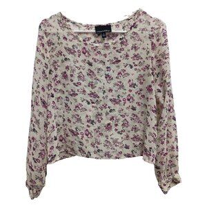 Cynthia Rowley Womens Top Size Small Ivory Purple Floral Chiffon Tulip Back